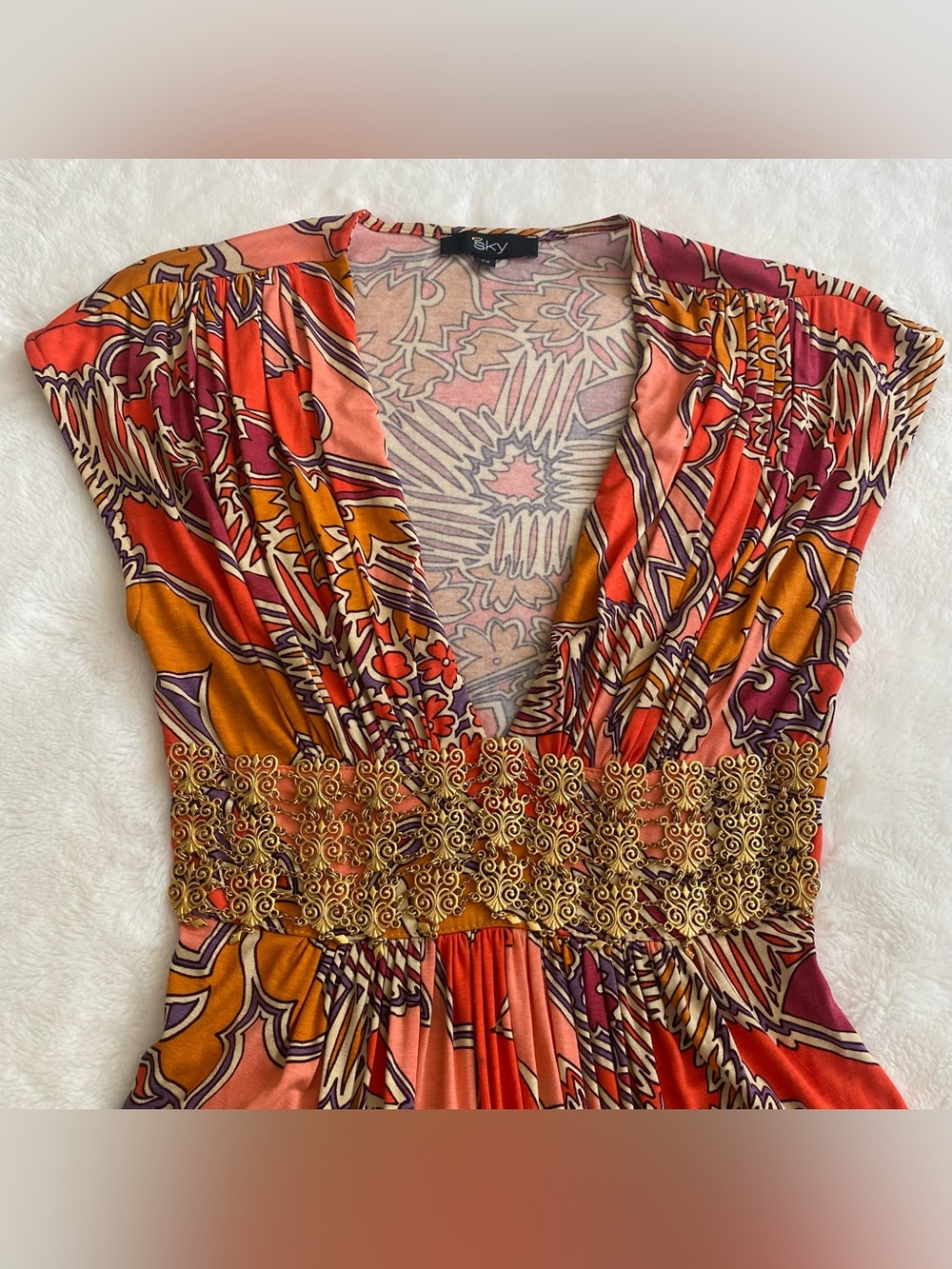 Vintage Y2K Sky Brand orange print short sleeve mini dress gold metal detail M - Picture 6 of 8